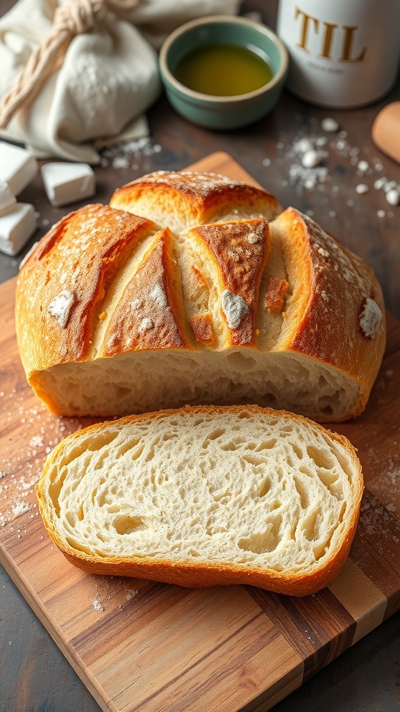 A rustic loaf of artisan bread with a golden crust and soft interior, displayed on a wooden board.